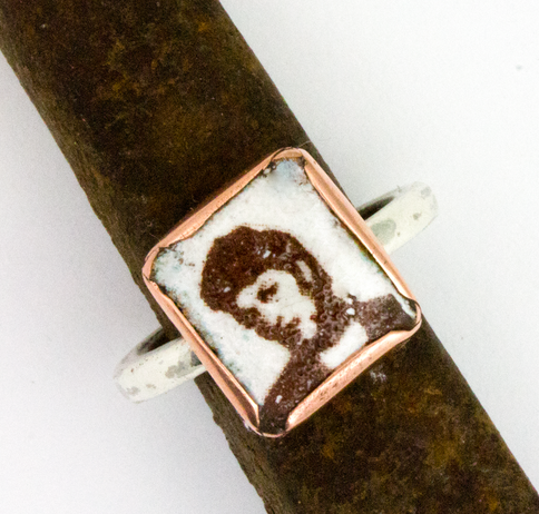 Silver and copper ring with Photo Booth face image enameled on the front