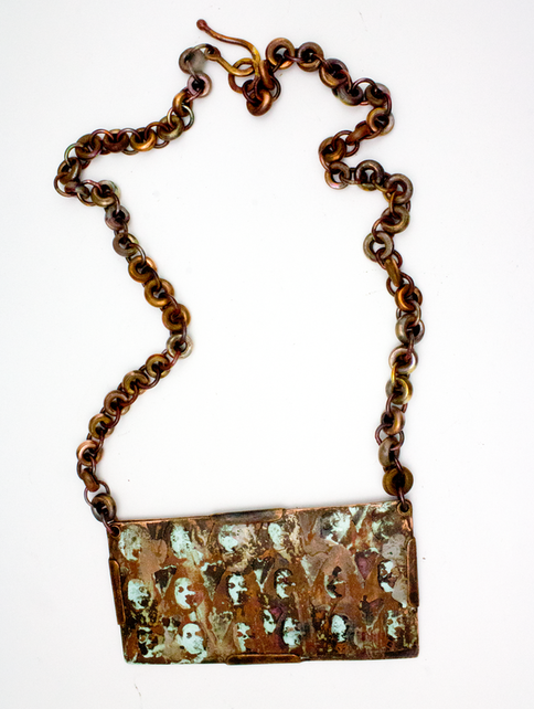 etched and torch fired copper & enamel necklace with handmade copper chain